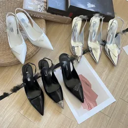 Prades Shoes 3440 7cm Triangle Buckle Sandals Stilettos Pointed Toe High Heeled Metallic Silver Patent Slingbacks Women Formal Shoes Designer Banquet Wedding Part