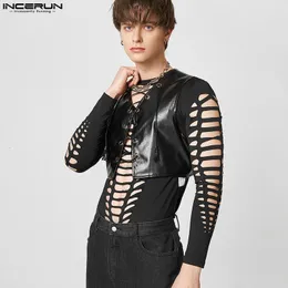 Мужские жилеты INCERUN 2023 Мод Мужские Мужские Кожа Vem V Sect Lace Up Streetwear The Thiastss Solid Color Party Male S 5xl 7 230620