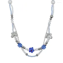 Pendant Necklaces 652F Blue Floral Bead Necklace Steel Chains Double-Layer Choker