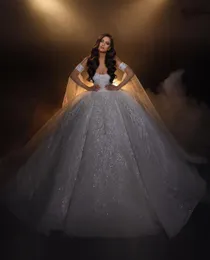 Luxury Ball Gown Wedding Dresses V Neck Sleeveless Capes Sequins Appliques Beaded Floor Length Ruffles 3D Lace Ruffles Bridal Gowns Plus Size Vestido de novia