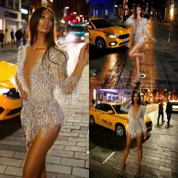 Long Sleeve Cocktail Dresses Sexy Short Deep V Neck Crystal Beads Prom Dress See Through Sexy Mini Evening Gown