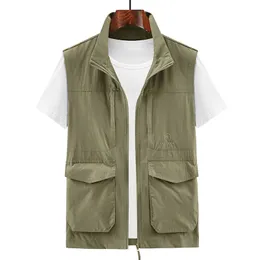 Kamizelki męskie Summer Thin Outdoor Szybkie suszenie kurtka bez rękawów Pogogna połowowa multi kieszeni casual men vest armia zielona khkai odzież robocza 230620