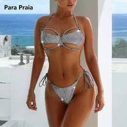 Women Swimwear Para Praia seksowna srebrna bandaż bikini kobiety wydrążone w kantar Brazylijski strzały kąpielowe kostium kąpielowy 230620