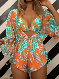 Roupa de banho feminina sexy conjunto de biquíni de 3 peças maiô feminino manga longa cobertura estampa tropical frente única roupa de praia maiô 230620