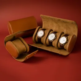 Caixas de relógio Estojos com 3 compartimentos Rolo de relógio Estojo de viagem retrô Chic Portátil Retrô Visor de couro 2 1 Caixa de armazenamento para pulseira de joias Deslizado para fora Organizadores 230619