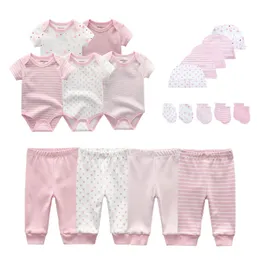 Giyim setleri 2023 pamuklu katı doğan bebek unisex bodysuitspantshatsgloves kız çocuk kıyafetleri kısa kollu roupas de bebe 230620