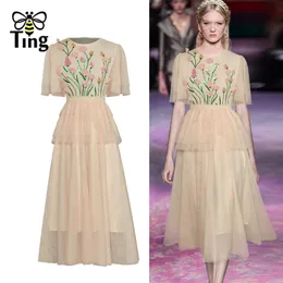 فساتين أساسية غير رسمية Tingfly Designer Runway Fashion 3D Flower Flower Sequetted Adted a Line Midi Long Party Dresses Summer Women Elbise Frocks 230620