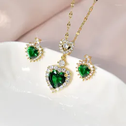 Necklace Earrings Set LUCKY99 Trendy Heart-Shaped Earring Women Green Zircon Inset Design Copper Pandent N23749