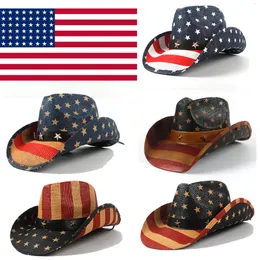 Cloches Summer Classic American Flag Cowboy Hats For Men Wide Brim Usa Cowgirl Chapeau Homme Cap Usa Flag Straw Cowboy Hat Drop 230620