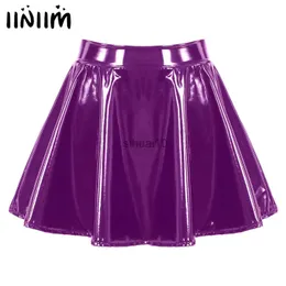 Kjolar kvinnor glansigt patentläder blossed miniskirt dansprestanda osynlig dragkedja a-line mini kjolar klubbkläder cosplay come j230621