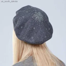 Geebro boinas femininas chapéu moda cor sólida lã malha boinas com strass senhoras artista francês gorro boina chapéu GS108 L230523