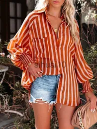 Camicette da donna Camicie 2023 Primavera Autunno Camicia a righe con maniche a lanterna Camicetta da donna Bottoni con risvolto Coprispalle sciolti Copricostume da bikini da spiaggia elegante J230621