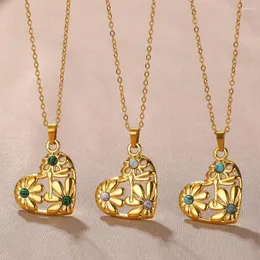 Pendant Necklaces Classic Green Stone Heart Shape Pendants For Women Stainless Steel Hollow Flower Girls Choker Envio Gratis