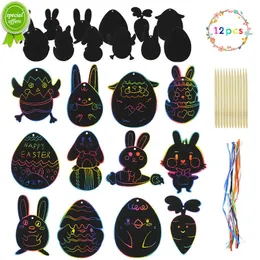 New 12Pcs Easter Magic Scratch Art DIY Painting Crafts Kids Gift Easter Eggs Bunny Chick Hanging Ornaments Decoration for Home Tree