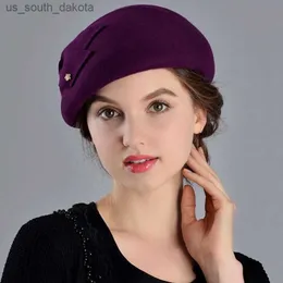 Franska baskar Caps for Women Fashion Wool Felt Fedora Hat Winter Blue Purple Red Church Female Vintage Cloche Hats L230523