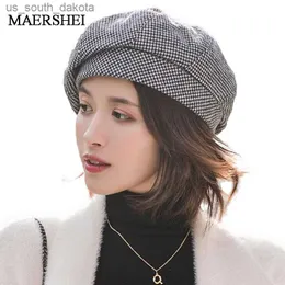 2020 nova boina xadrez feminina elegante para moda inverno chapéus de lã de algodão boné outono novo chapéu de pintor feminino L230523