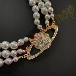 زحل Multilayer Pearl Necklace Full Diamond Saturne قلادة فضية مصمم مجوهر