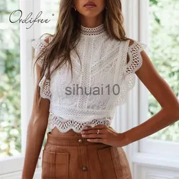 Women's Blouses Shirts Ordifree 2021 Summer White Lace Blouse Top Short Sexy Sleeveless Lace Crochet Female Blouse Shirt J230621