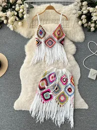 Dwuczęściowa sukienka Singreiny Tassel Dwuczęściowe zestawy dzianin Pas Pas Pas Pasp Camisole Wakacje Hollow Out midi spódnica w stylu plażowym moda letnie garnitury 230620