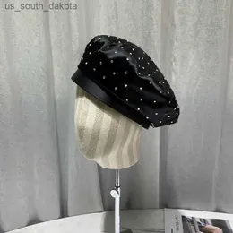 2022 Novo Boné Boina de Cetim com Strass Moda Feminina Preto Pintor Chapéu Primavera e Outono Chapéus Octogonais Newsboy Gorras Casquette L230523