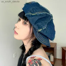 2023 Koreanskt mode Do Old Denim Rough Octagonal Hat Large Version Nisch Literary Cloud Hat Trend mångsidiga basker Women Mujer L230523