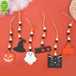 New Halloween Wooden Beads Garland Pumpkin Ghost Skull Wood Chip Pendant Halloween Party Decoration For Home Rustic Hanging Ornament