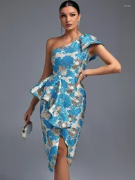 Casual Dresses Jacquard Ruffle Party Dress Women Blue Bodycon Elegant Sexy Midi One Shoulder Evening Club Outfits 2023 Summer Fashion