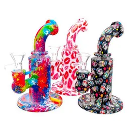 Colorful Pattern Silicone Mini Bong Kit Portable Removable Easy Clean Waterpipe Bubbler Pipes Dry Herb Tobacco Filter Handle Funnel Bowl Handpipes Holder