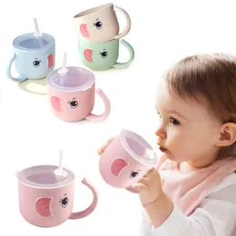 Cups Dishes Utensils Baby Feeding Bottle Kids Cup Silicone Sippy Children Leakproof Drinking Cartoon Infant Straw Handle WheatStraw Drinkware 230621