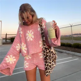 Women's Tracksuits Doury Knitted Sets Womens 2 Pieces Flared Long Sleeve Floral Loose Knit Sweater Zip Up Shorts Suits Sweet Fall Knitwear 230620