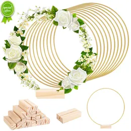 Ny Gold Metal Floral Ring Hoop med träbas för bröllopsfest bordets centrum dekoration konstgjord blomma girland diy krans