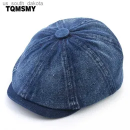 Tecido jeans lavado Boinas Outono Moda Masculina Bonés Newsboy Retro Masculino Artista Viseira Plana Chapéu Pontudo Masculino Primavera Casual Boina L230523