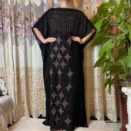 Ethnic Clothing Dubai Abaya Diamond Long Dashiki Summer Flower Design Black Dress With Scarf For Lady African Clothes HD007