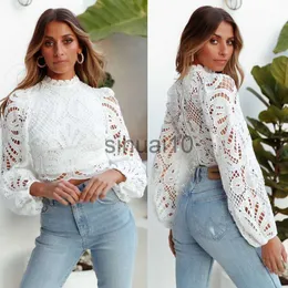 Blusas Femininas Camisas Elegante Sexy Camisa Oca Top Feminino Senhoras Crochê Renda Manga Lanterna Ver Através Decote em O Blusa Branca Sólida J230621