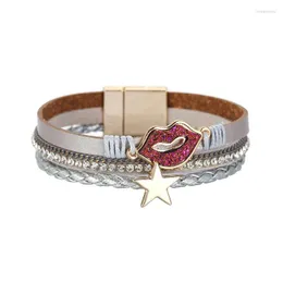 Bangle ORNAPEADIA Ladies Fashion Bracelet Lips Stars Diamond Woven Leather Dark Black Multilayer Magnetic Clasp