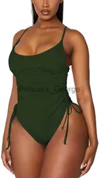 Maillot de bain femme grande taille femme maillot de bain décontracté col Ushape sans manches plissé dos nu fronde cordon couleur unie Bikini costume pour plage d'été x0621