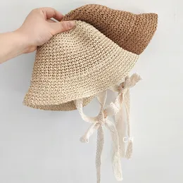 Geniş Memlu Şapkalar Kova Moda Dantel Bebek Şapkası Yaz Straw Bow Girl Cap Bead Çocuklar Panama Prenses Güneş Koruma Kapakları Çocuklar için 230620