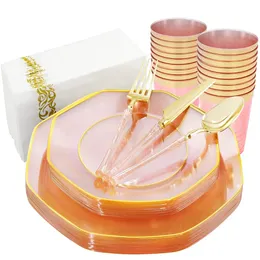 Recipientes descartáveis para viagem talheres de festa transparente rosa prato de plástico talheres de ouro copos e guardanapos para 10 convidados 230620