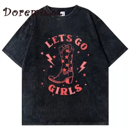 Men's T-Shirts Short Sleeved Women Oversized Tees Loose All Match Washed T Shirt Summer Simple Style Lets Go Girls Print Y2k Top Women Clothing 230621