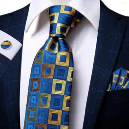 Bow Ties Hi-Tie Yellow Blue Plaid Men's Tie Set Luxury Silk 8,5 cm Stor slips för män Fashion Hanky ​​manschettknappar Bröllopskvalitet