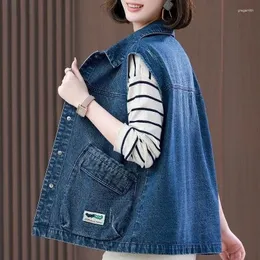 여성용 조끼 고급 서양식 데님 조끼 여성 2023 스프링 가을 한국 버전 느슨한 다목적 중년 양복 조끼 재킷 탑