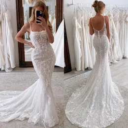 Elegant Mermaid Wedding Dresses Beads Lace Luxury Wedding Dress sweep train Button Back wedding bridal gowns