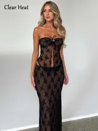 Zweiteiliges Kleid mit Spitzendruck, sexy Mesh-durchsichtiger Rock-Set für Frauen, durchsichtig, trägerlos, bauchfreies Top, Rock, passender Anzug, weibliches Nachtclub-Party-Set 230620