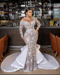 Abiti da sposa a sirena in pizzo floreale africano 3d con strascico staccabile maniche lunghe con lacci sul retro Abiti da sposa taglie forti Abiti da sposa di lusso su misura Robe De Mariage