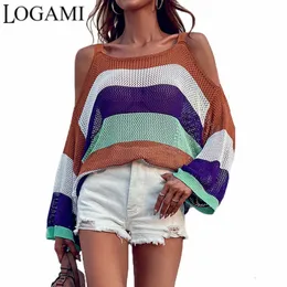 Kvinnors T-shirt Logami Hollow Out Knitwear Sexig Rainbow Rands Off the Shoulder Sweater Women 230620