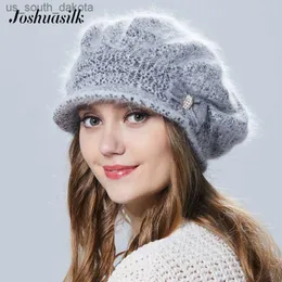 Joshuasilk Winter Women Hat With Visor Knitted Fashion Angora Wool Hat Butterfly Decoration Double Warm Hat L230523