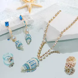 Necklace Earrings Set Azure Conch Pendant Resin Geometric Zircon Blue Sunflower Ring For Women Fashion Ocean Jewelry
