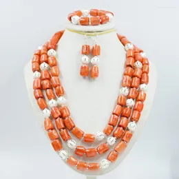 Halsbandörhängen Set 3 Rad 12-14mm Orange Natural Coral Necklace/Armband/Earring Set. Glamour Women Party Jewelry. 50-56 cm