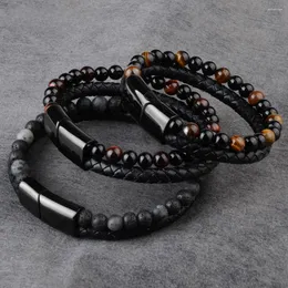 Charm Armbänder Vulkan Naturstein Echtes Leder Geflochten Schwarz Edelstahl Magnetverschluss Tigerauge Perlen Armreif Herren Schmuck