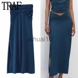 Юбки Traf ruched long globts for Women Fashion 2023 Nvay Blue High Skirt Женщина летняя миди -щечная юбка элегантная женская юбка J230621